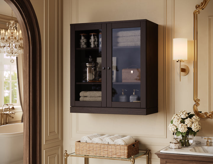 Premium 100% Solid European Oak Bathroom Wall Cabinet with Tinted Glass Doors, 32" W x 35.75" H