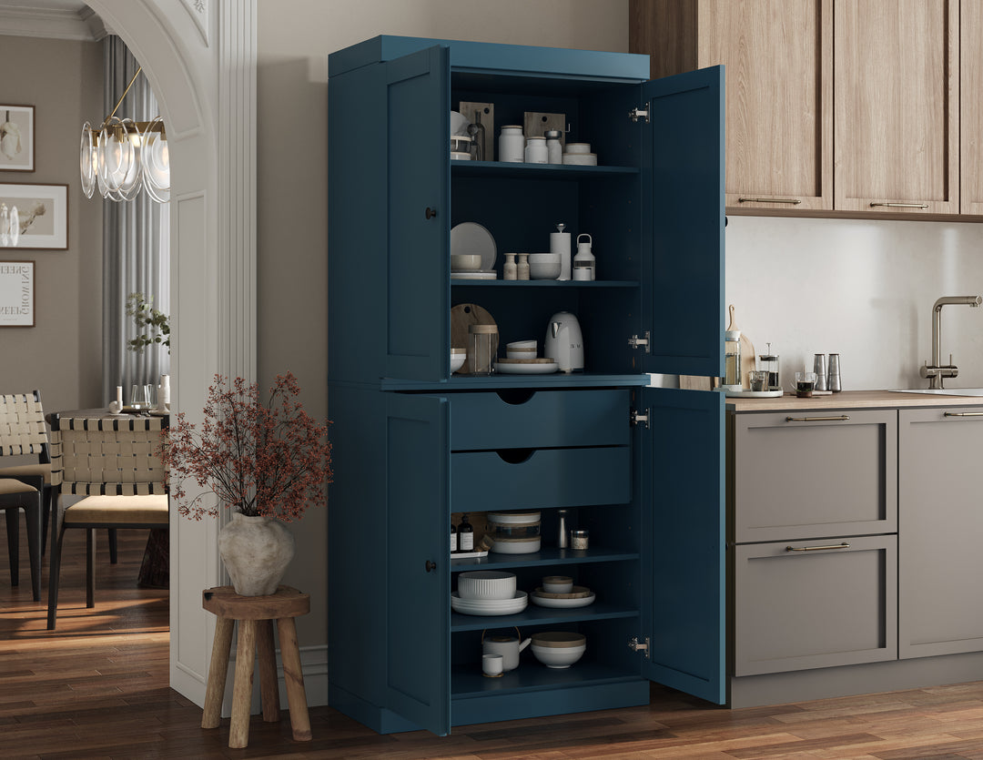 100% Solid Wood Tall Freestanding Kitchen Pantry Cabinet with Doors & 2 Drawers, Modular Storage Cabinet with Adjustable Shelves, 32" W x 71.5" H
