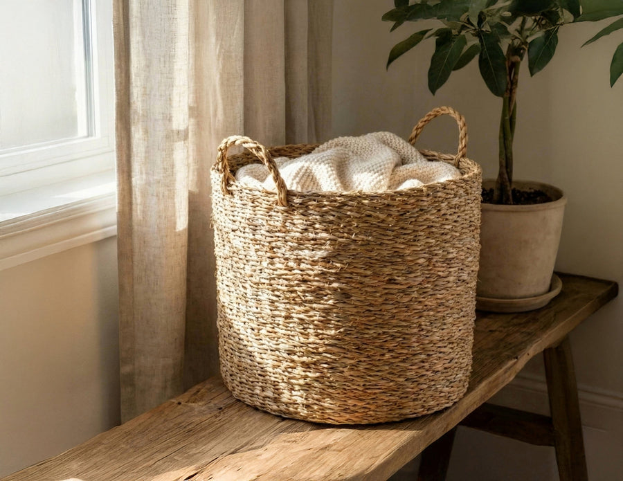 100% Handwoven Natural Rattan 12" Round Rustic Weave Basket with Handles, Boho Farmhouse Decorative Laundry & Storage Organizer, Handcrafted – Authentic African Craftsmanship, Baskets - Palace Imports