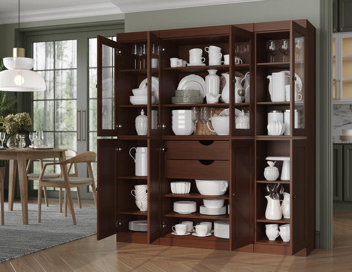 100% Solid Wood 65" China Pantry Cabinet, 4 Glass, 4 Shaker Wood Doors, 2-Drawers