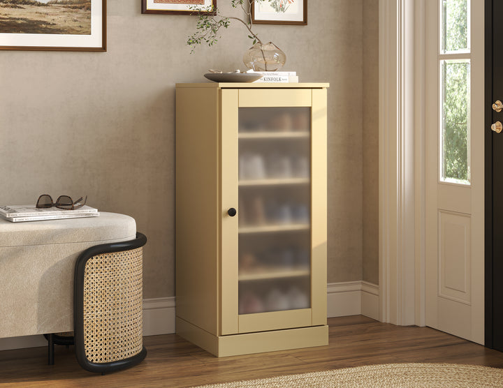 100% Solid Wood Narrow Frosted Glass Door Shoe Storage Cabinet with Adjustable Shelves, Space Saving Stackable Organizer, 16.5" W x 35.75" H