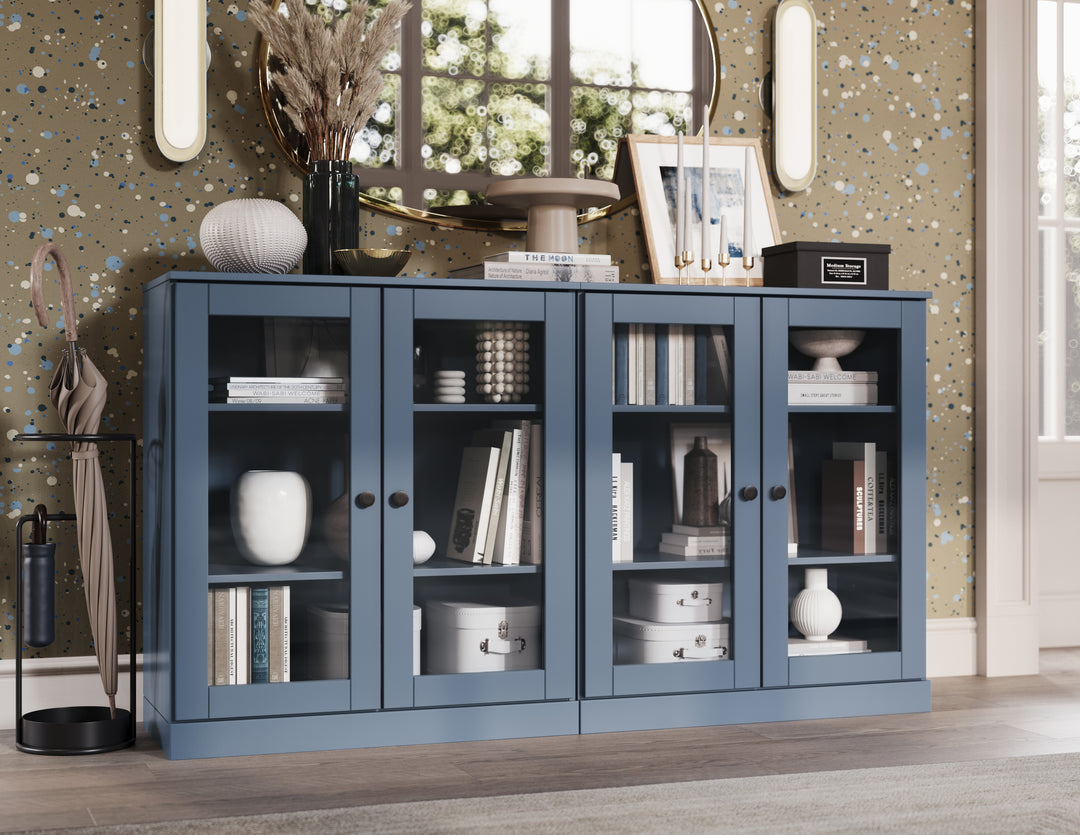 100% Solid Wood 64" Sideboard Cabinet with Clear Glass Doors, Adjustable Shelves