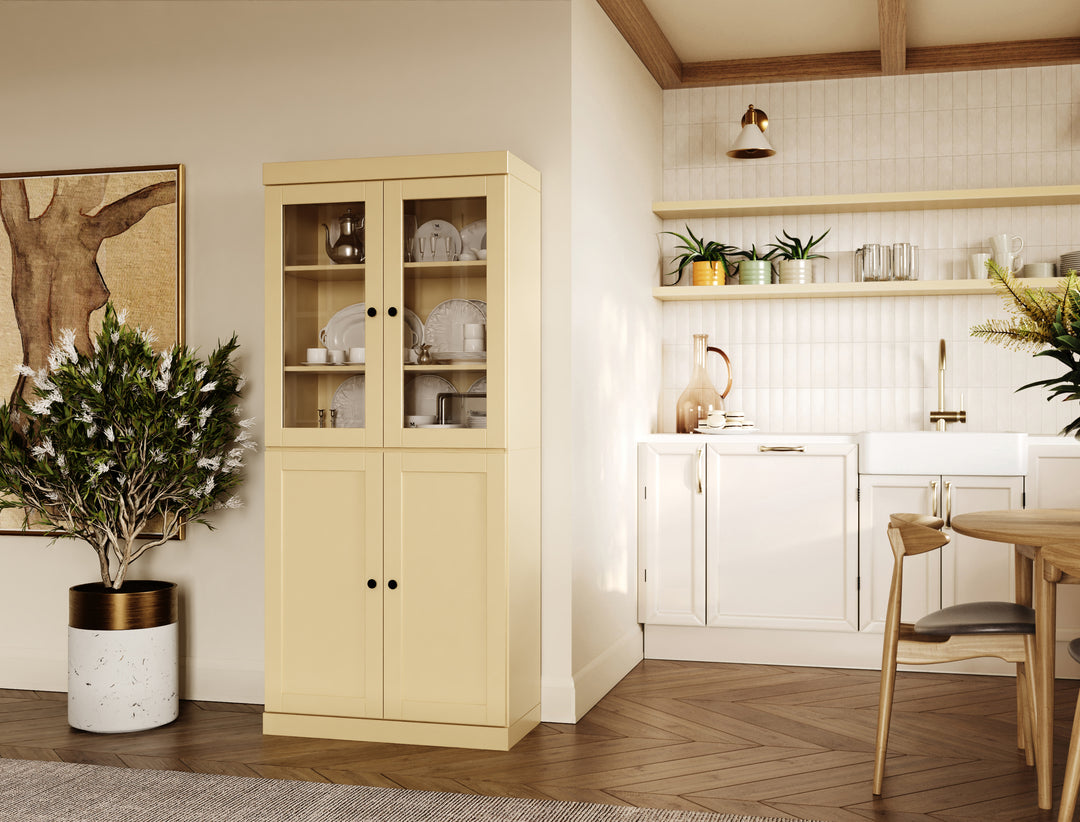 100% Solid Wood 32" Pantry Cabinet, 2 Clear Glass, 2 Shaker Doors, 2-Drawers