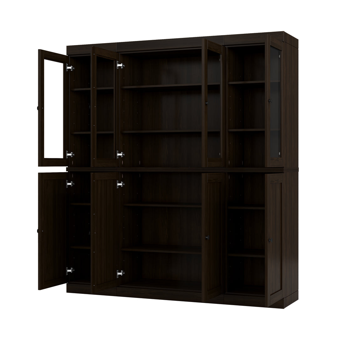 100% Solid Brazilian Pine Wood Pantry China Cabinet, Clear Glass & Shaker Doors, Adjustable Shelves, 65" Wide, 71.5" Tall