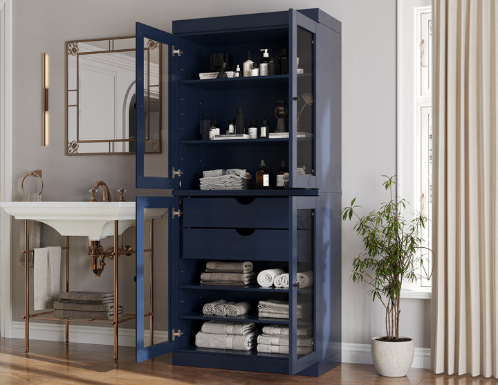 100% Solid Brazilian Pine Wood Bathroom Storage Cabinet, Clear Glass Doors, 2 Drawers, Adjustable Shelves, 32" Wide, 71.5" Tall