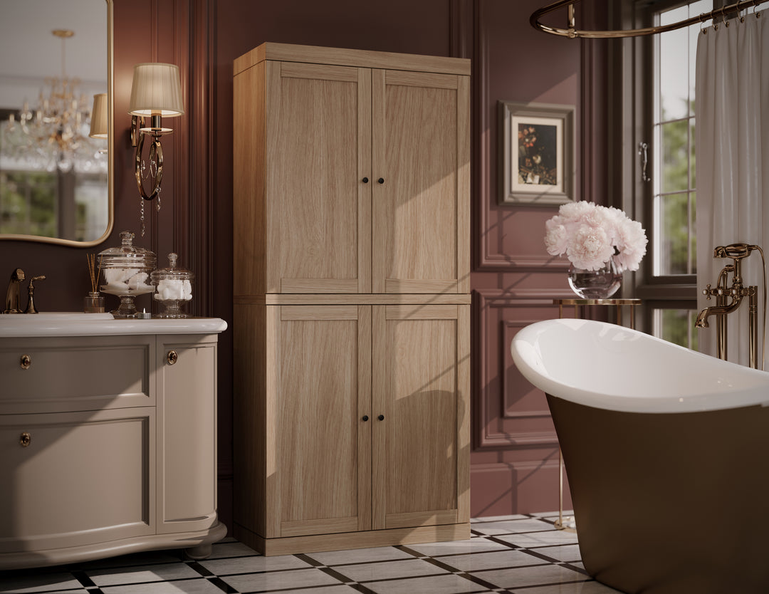 Premium 100% Solid European Oak Hardwood Bathroom Storage Cabinet with Shaker Doors – 32" Wide, 71.5" Tall
