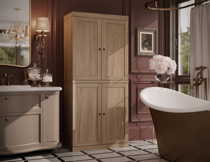Premium 100% Solid European Oak Hardwood Bathroom Storage Cabinet with Shaker Doors – 32" Wide, 71.5" Tall
