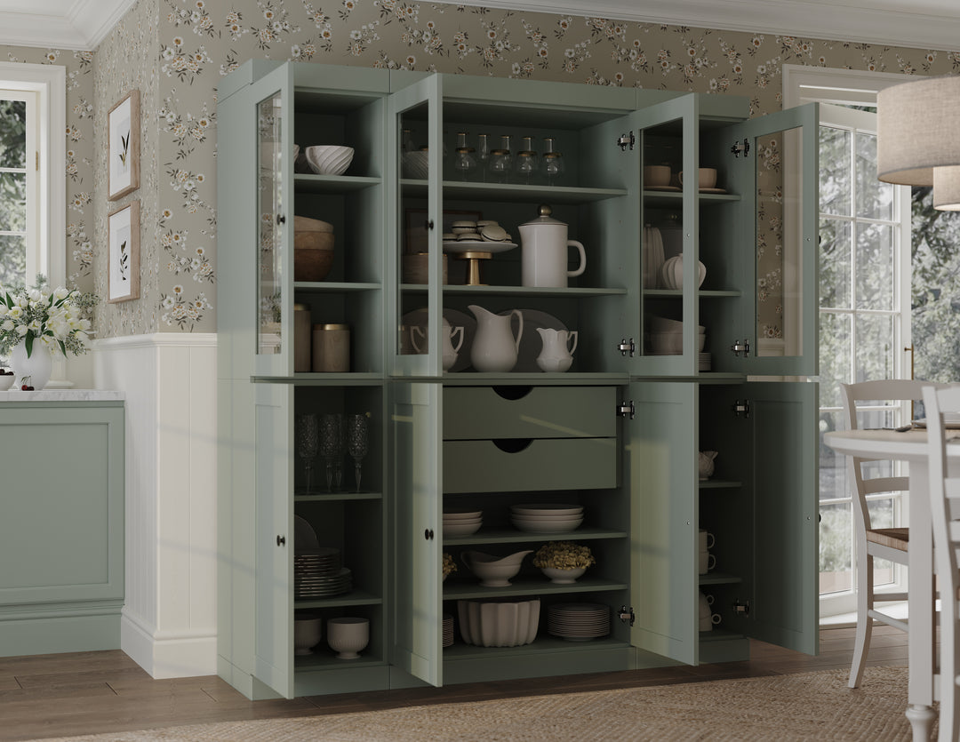 100% Solid Wood 65" China Pantry Cabinet, 4 Glass, 4 Shaker Wood Doors, 2-Drawers