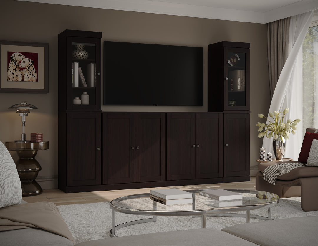 100% Solid Wood 6-Piece Entertainment Center Wall Unit with Storage, Glass & Shaker Doors, Adjustable Shelves, 97" W x 71.5" H
