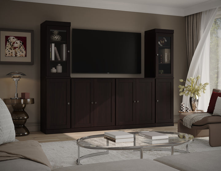 100% Solid Wood 6-Piece Entertainment Center Wall Unit with Storage, Glass & Shaker Doors, Adjustable Shelves, 97" W x 71.5" H