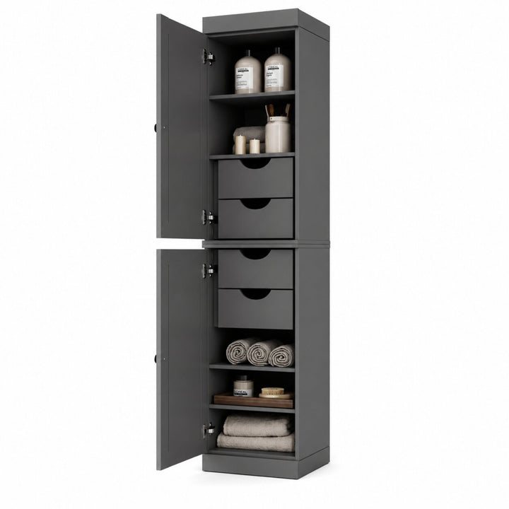 100% Solid Wood Bathroom Storage Cabinet, Shaker Doors, 4 Drawers, Adjustable Shelves, 16.5" Wide, 71.5" Tall