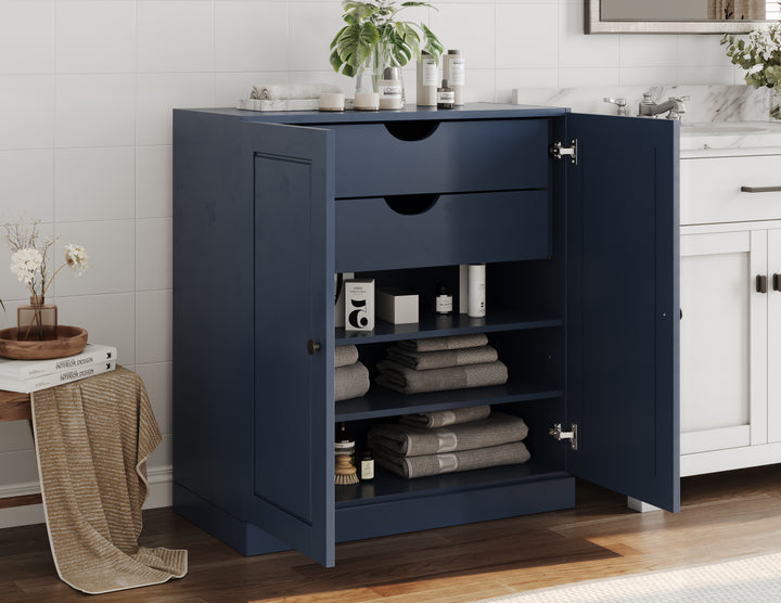 100% Solid Brazilian Pine Wood Bathroom Storage Cabinet, Raised Panel Doors, 2 Drawers, Adjustable Shelves, 32" Wide, 35.75" Tall