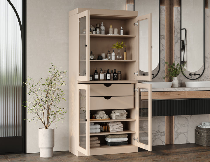 100% Solid Brazilian Pine Wood Bathroom Storage Cabinet, Clear Glass Doors, 2 Drawers, Adjustable Shelves, 32" Wide, 71.5" Tall