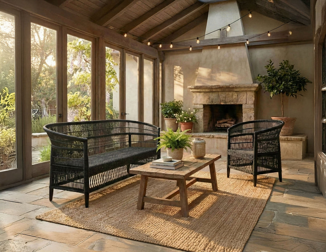 100% Handwoven Natural Rattan 2-Piece Indoor Seating Set with Chair and 3-Seater Settee, Solid Wood Frame, Boho Farmhouse, Authentic African Craftsmanship