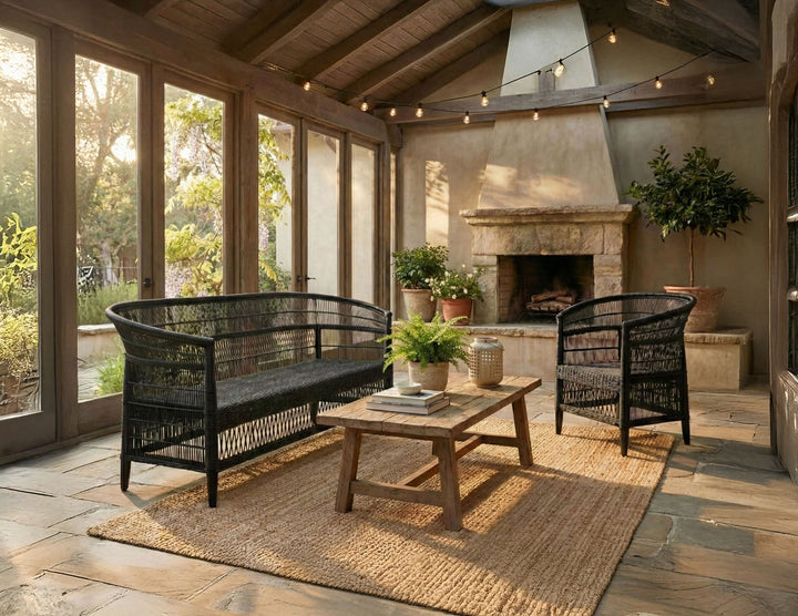 100% Handwoven Natural Rattan 2-Piece Indoor Seating Set with Chair and 3-Seater Settee, Solid Wood Frame, Boho Farmhouse, Authentic African Craftsmanship