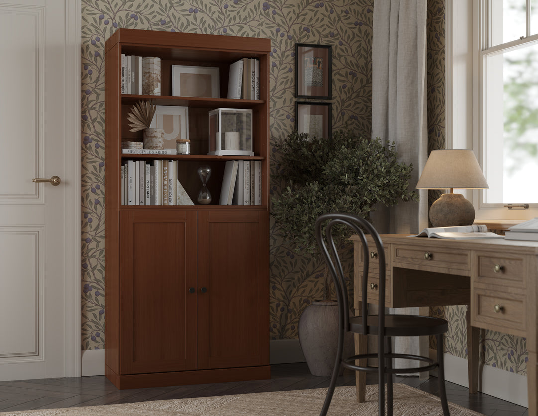 100% Solid Wood 6-Shelf 32" Bookcase Cabinet, 2 Solid Shaker Wood Doors, Adjustable Shelves