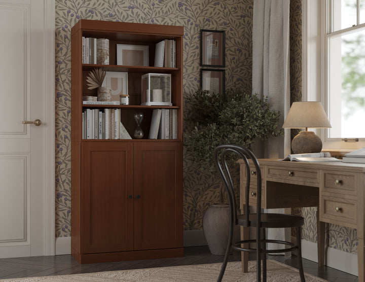 100% Solid Wood 6-Shelf 32" Bookcase Cabinet, 2 Solid Shaker Wood Doors, Adjustable Shelves