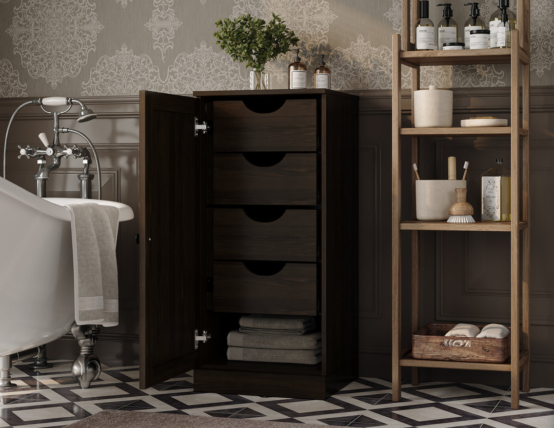 100% Solid Pine Wood Bathroom Storage Cabinet, Shaker Door, 4 Drawers, Adjustable Shelves, 16.5" Wide, 35.75" Tall