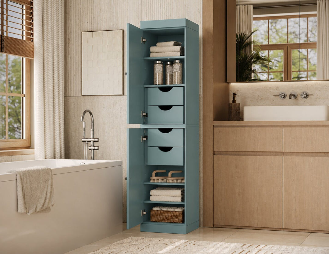 100% Solid Wood Tall Freestanding Modular Bathroom Linen Storage Cabinet with Shaker Doors, 4 Drawers, Adjustable Shelves, 16.5" W x 71.5" H