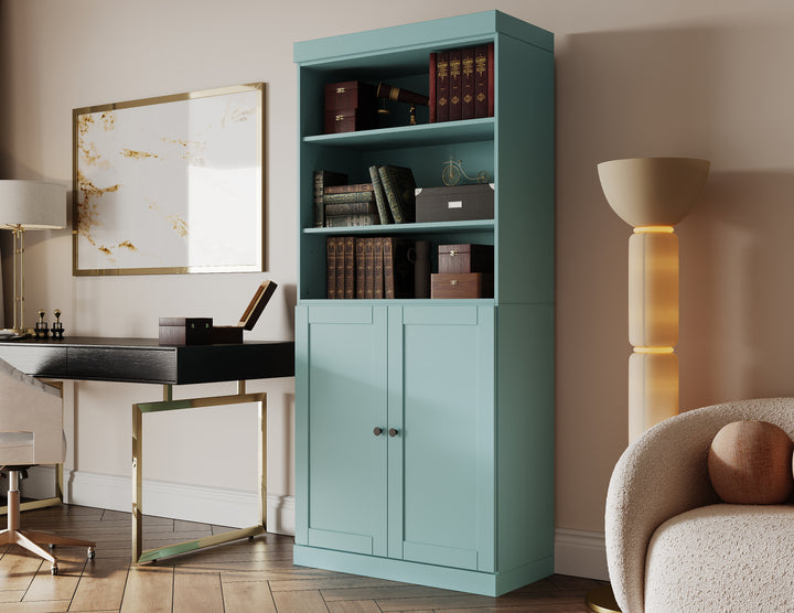 100% Solid Wood Tall 6-shelf Bookcase Cabinet with 2 Solid Shaker Wood Doors