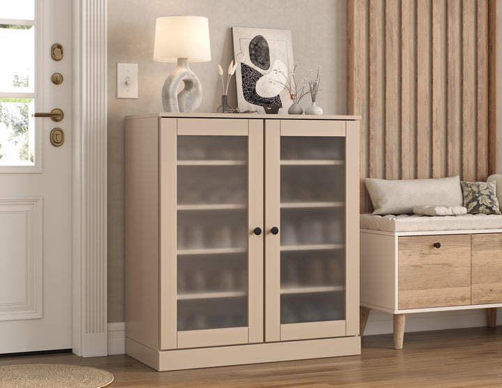 100% Solid Wood Frosted Glass Door Shoe Storage Cabinet with Adjustable Shelves, Space Saving Stackable Entryway Organizer, 32" W x 35.75" H