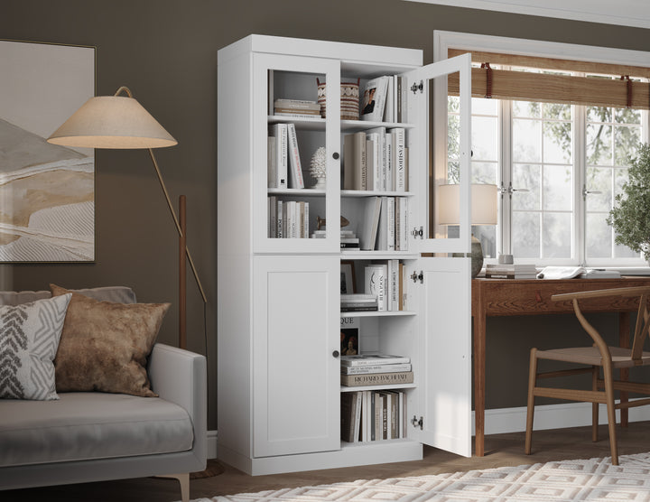 100% Solid Wood 6-Shelf 32" Bookcase, 2 Glass Doors, 2 Shaker Wood Doors, Adjustable Shelves