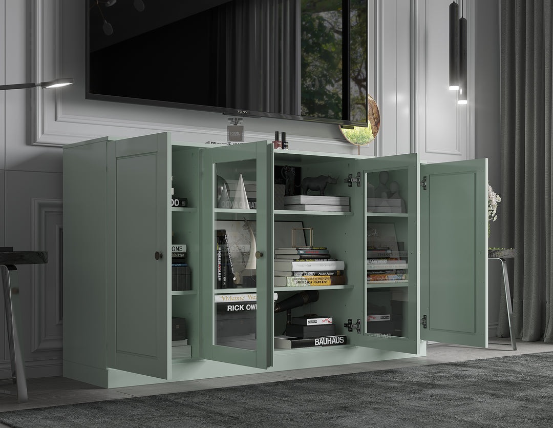 100% Solid Wood TV Stand for TVs up to 65" with Clear Glass, Raised Panel Doors, Adjustable Shelves