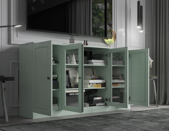 100% Solid Wood TV Stand for TVs up to 65" with Clear Glass, Raised Panel Doors, Adjustable Shelves