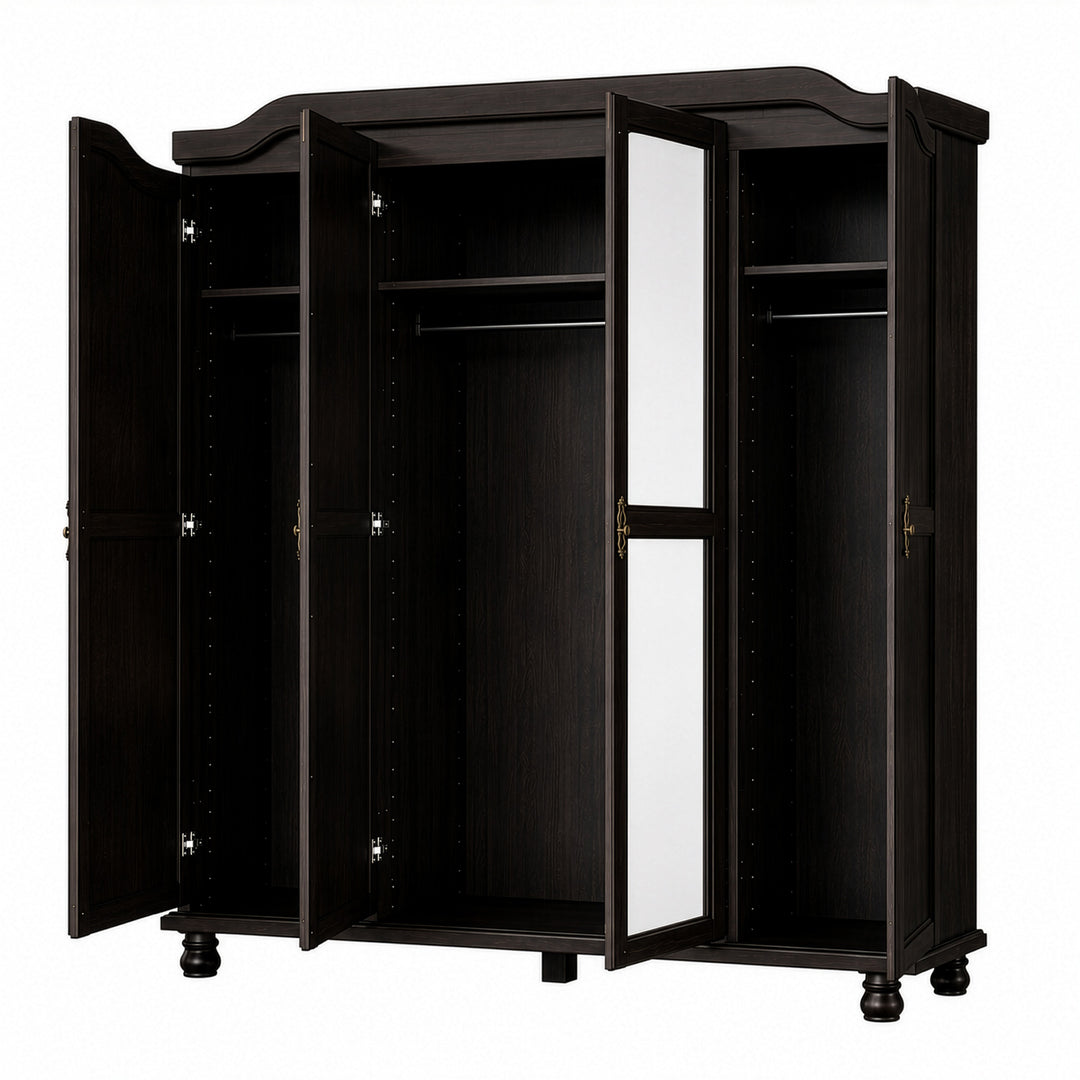 100% Solid Wood 4-Door Wardrobe Armoire with Mirrored Doors, Bedroom Closet Storage - Kyle Collection