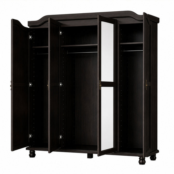 100% Solid Wood 4-Door Wardrobe Armoire with Mirrored Doors, Bedroom Closet Storage - Kyle Collection