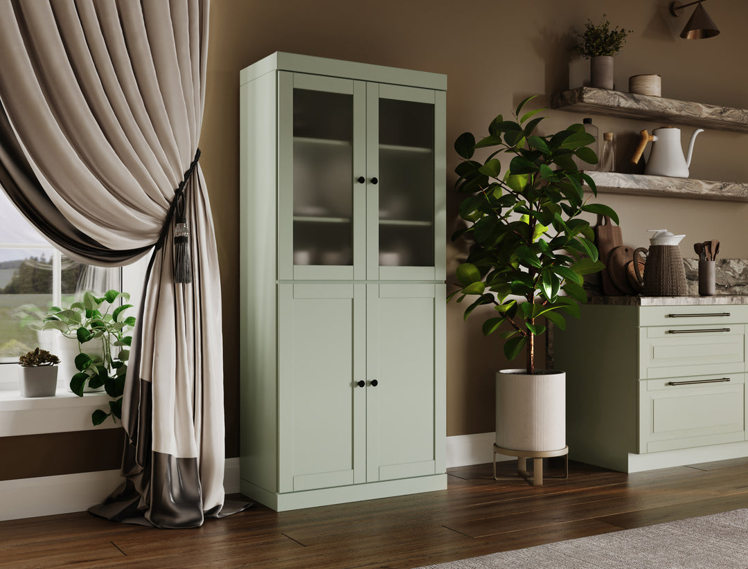 100% Solid Wood 32" Pantry Cabinet, 2 Frosted Glass, 2 Shaker Wood Doors, 2-Drawers