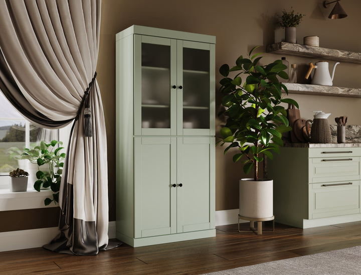 100% Solid Wood 32" Pantry Cabinet, 2 Frosted Glass, 2 Shaker Wood Doors, 2-Drawers