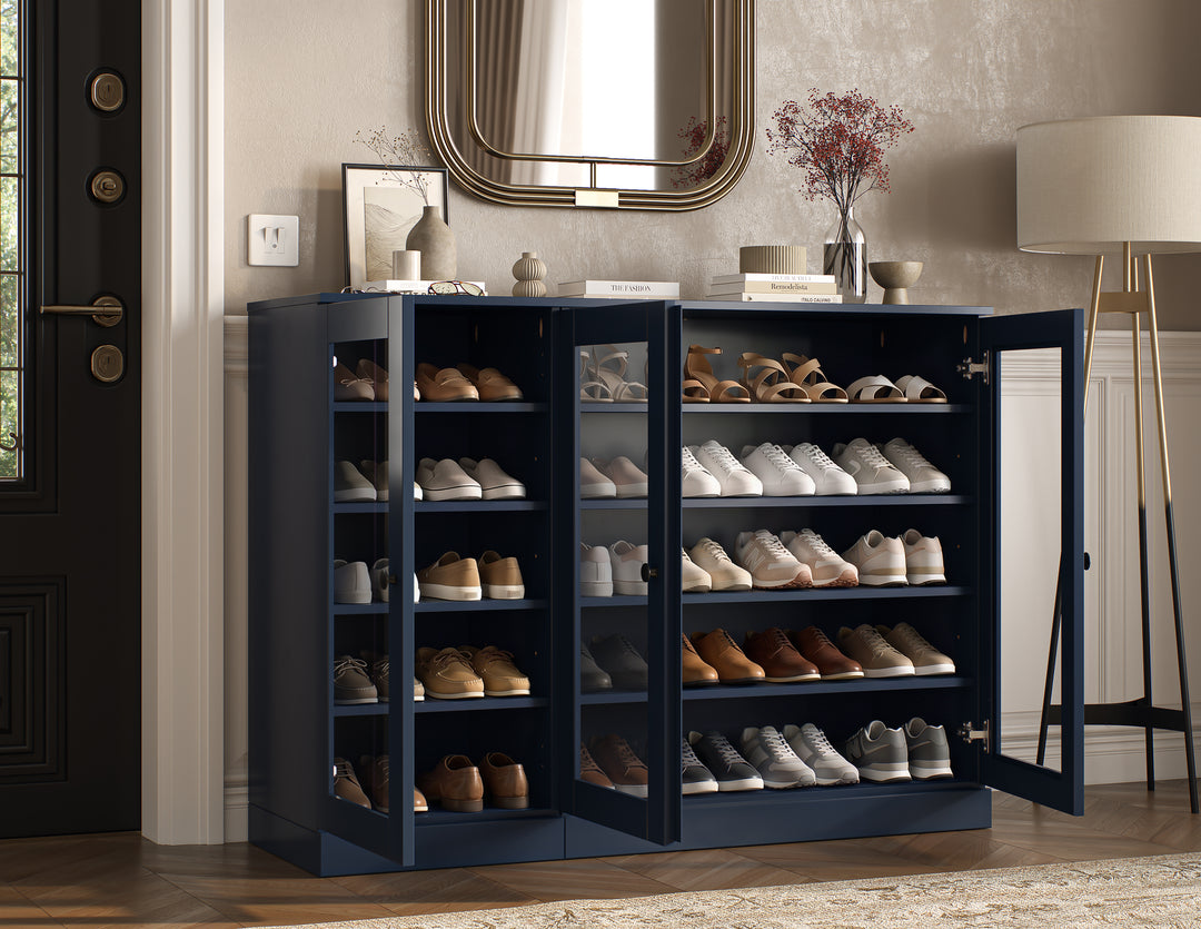 100% Solid Wood Glass Door Shoe Storage Cabinet, Adjustable Shelves, Space Saving Modular Entryway Organizer, 48.5" W x 35.75" H