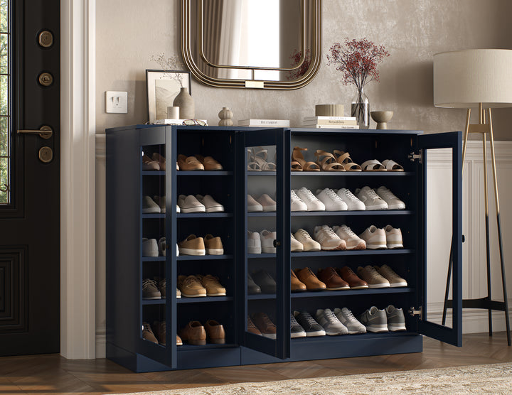 100% Solid Wood Glass Door Shoe Storage Cabinet, Adjustable Shelves, Space Saving Modular Entryway Organizer, 48.5" W x 35.75" H