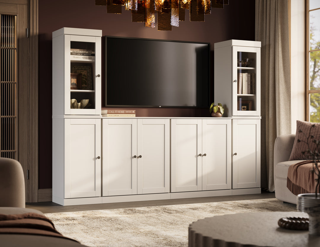 100% Solid Wood 6-Piece Entertainment Center Wall Unit with Storage, Glass & Shaker Doors, Adjustable Shelves, 97" W x 71.5" H