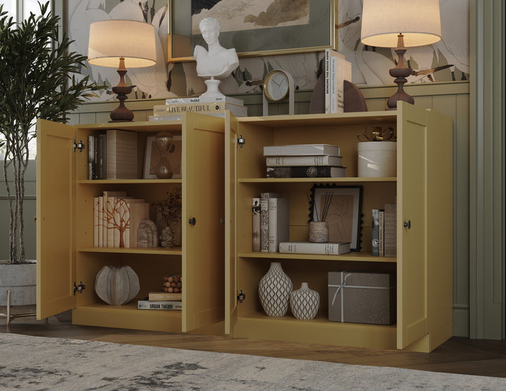 100% Solid Brazilian Pine Wood Sideboard, Shaker Doors, Adjustable Shelves, 64" Wide, 35.75" Tall