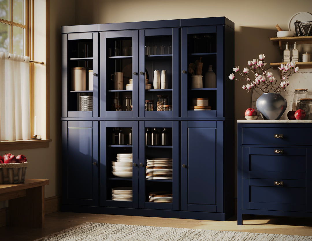 100% Solid Wood 65" China Pantry Cabinet, 6 Clear Glass, 2 Raised Panel Wood Doors