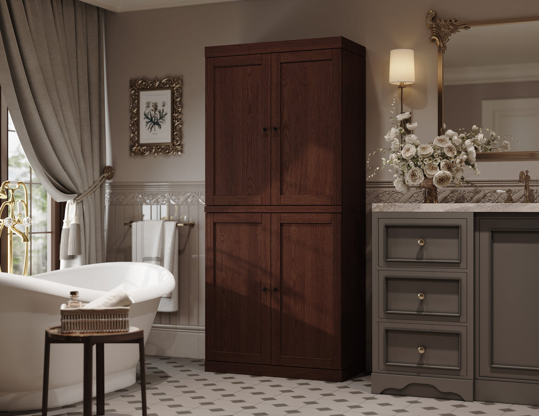 Premium 100% Solid European Oak Hardwood Bathroom Storage Cabinet with Shaker Doors – 32" Wide, 71.5" Tall
