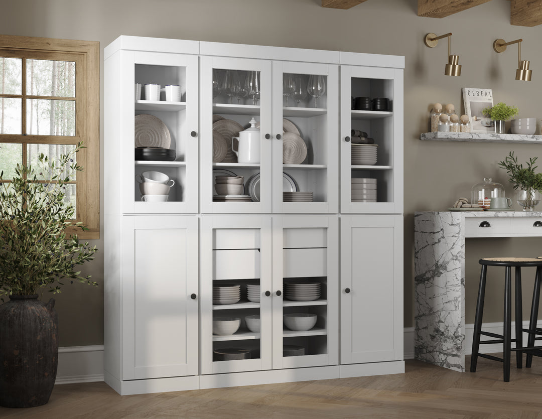 100% Solid Wood 65" China Pantry Cabinet, 6 Glass, 2 Shaker Wood Doors, 2 Drawers