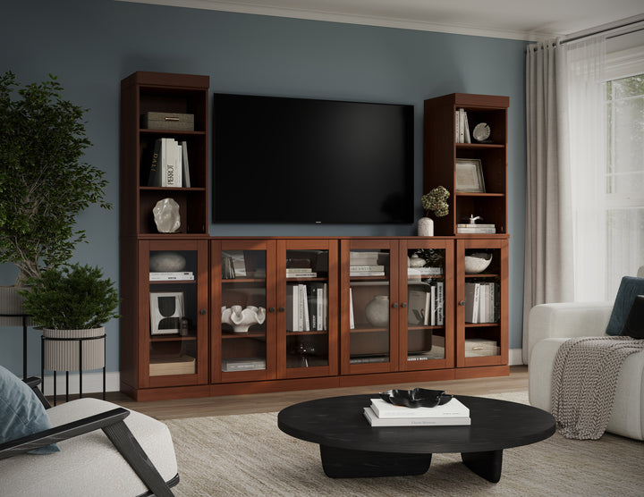 100% Solid Wood 6-Piece Entertainment Center Wall Unit with Storage, Open Cabinets & Glass Doors, Adjustable Shelves, 97" W x 71.5" H