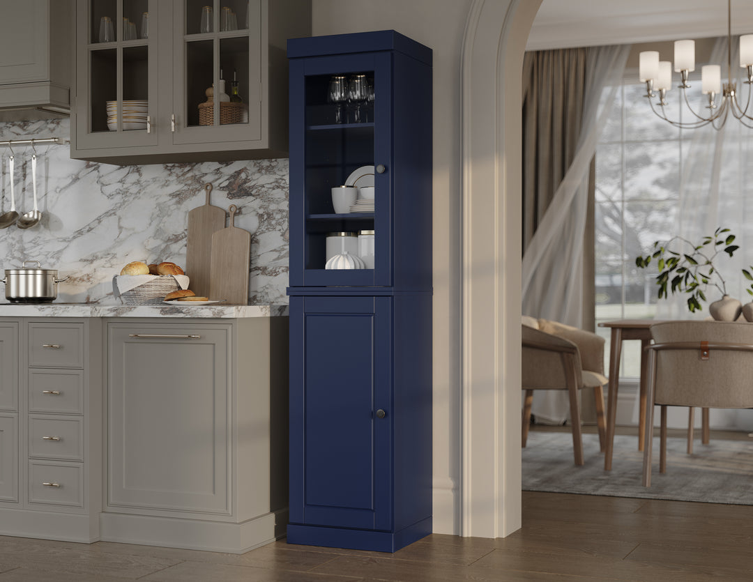 100% Solid Brazilian Pine Wood Pantry Cabinet, Raised Panel & Clear Glass Doors, Adjustable Shelves, 16.5" Wide, 71.5" Tall