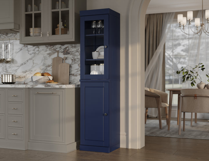 100% Solid Brazilian Pine Wood Pantry Cabinet, Raised Panel & Clear Glass Doors, Adjustable Shelves, 16.5" Wide, 71.5" Tall