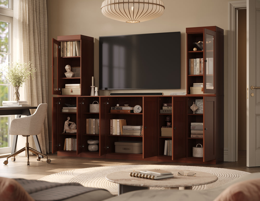 100% Solid Wood 7-Piece Entertainment Center Wall Unit with Storage, Shaker & Glass Doors, Adjustable Shelves, 98" W x 71.5" H