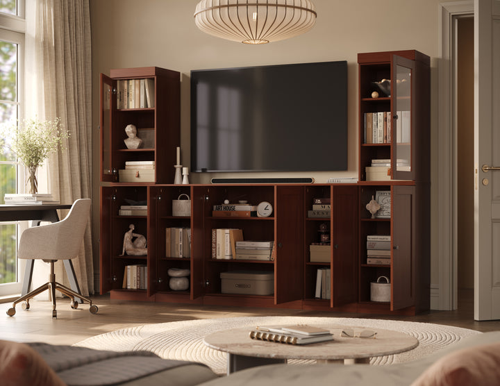 100% Solid Wood 7-Piece Entertainment Center Wall Unit with Storage, Shaker & Glass Doors, Adjustable Shelves, 98" W x 71.5" H