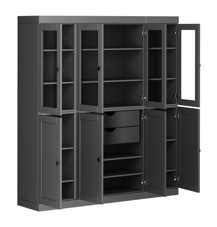 100% Solid Wood 65" China Pantry Cabinet, 4 Glass, 4 Shaker Wood Doors, 2-Drawers