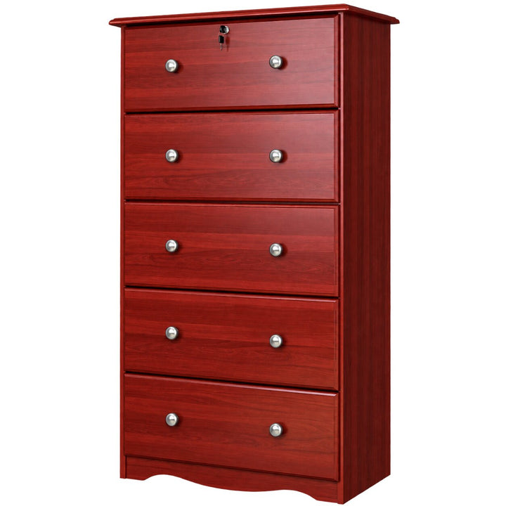 A six-drawer wooden chest of drawers in a reddish-brown cherry finish, featuring round silver knobs and a top keyhole, shown on a plain white background.