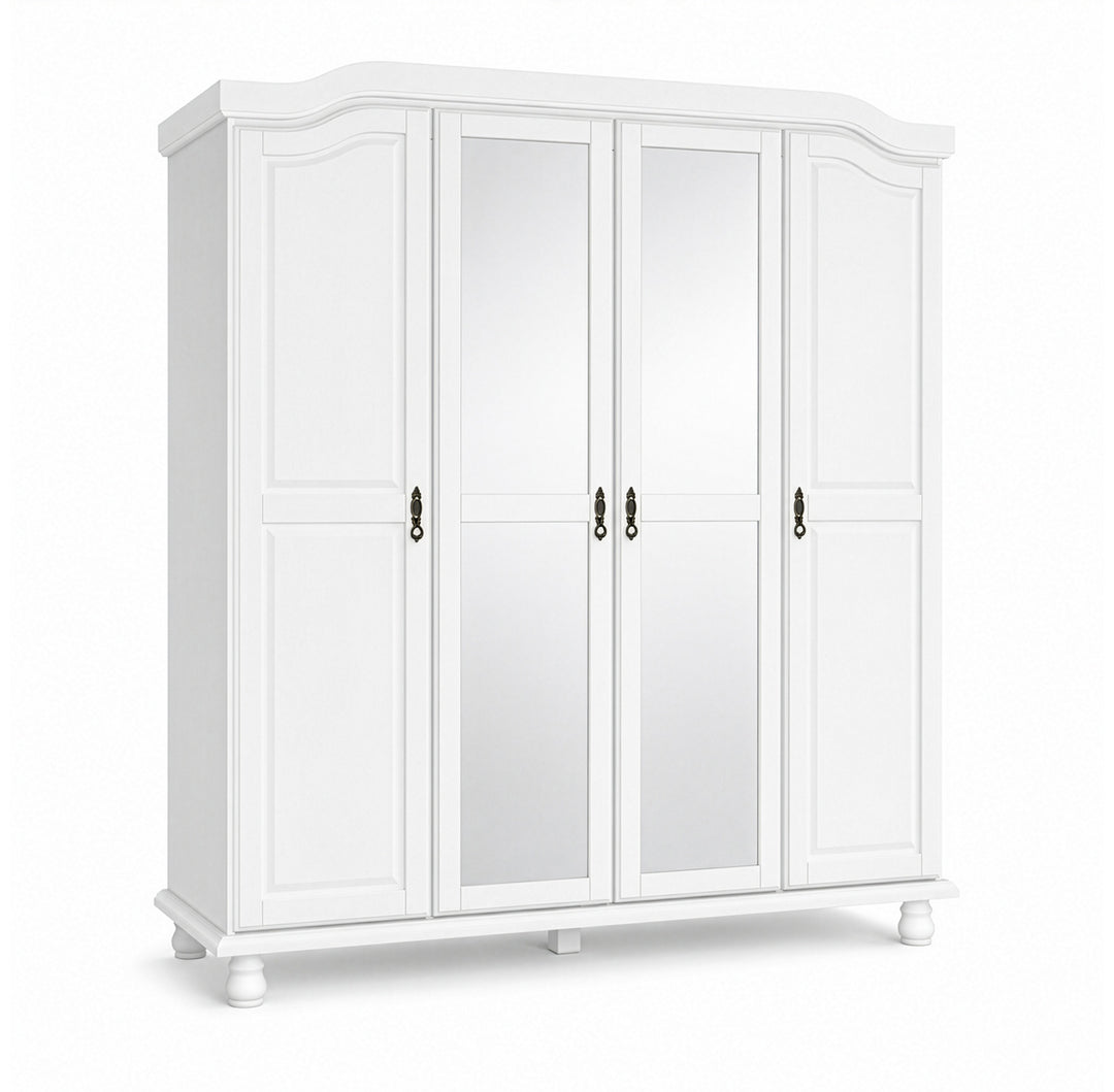 100% Solid Wood 4-Door Wardrobe Armoire with Mirrored Doors, Bedroom Closet Storage - Kyle Collection
