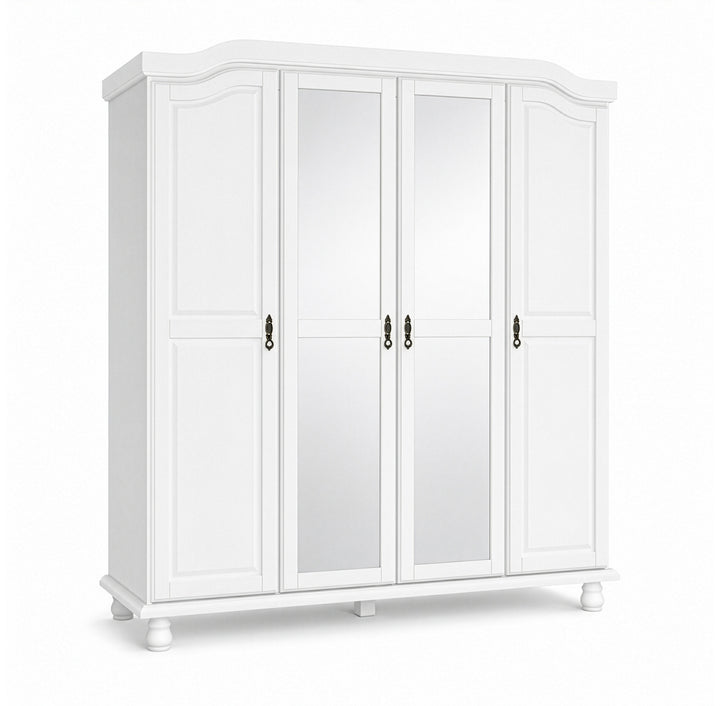 100% Solid Wood 4-Door Wardrobe Armoire with Mirrored Doors, Bedroom Closet Storage - Kyle Collection