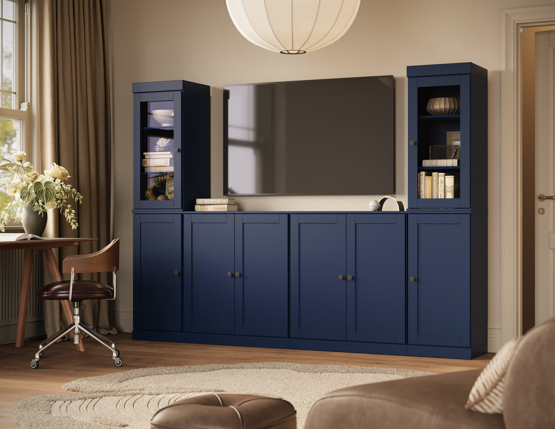 100% Solid Wood 6-Piece Entertainment Center Wall Unit with Storage, Glass & Shaker Doors, Adjustable Shelves, 97" W x 71.5" H
