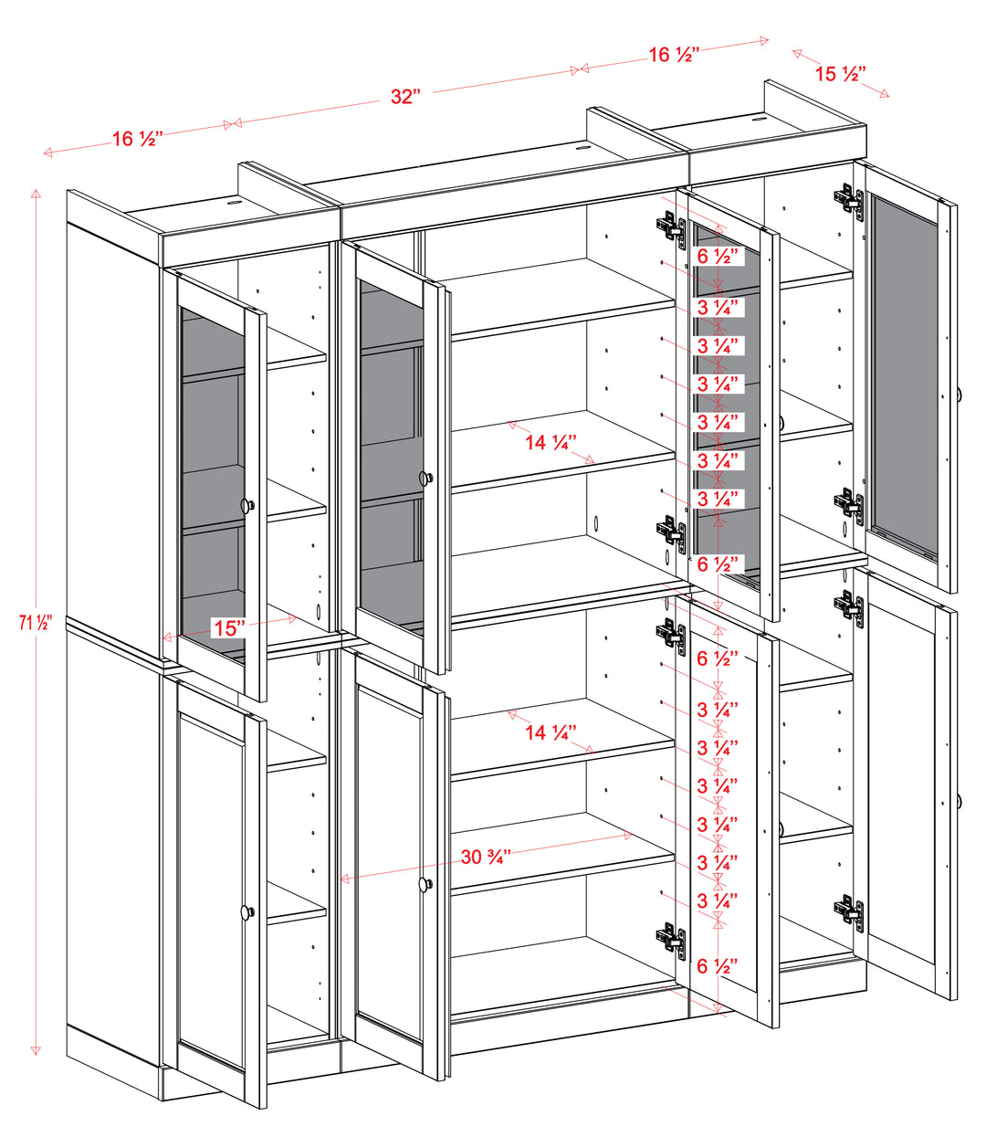 Dimensions for Solid Wood Kitchen Pantry Cabinet, Tall Freestanding Modular Storage with Frosted Glass & Shaker Doors, Adjustable Shelves, 65" W x 71.5" H